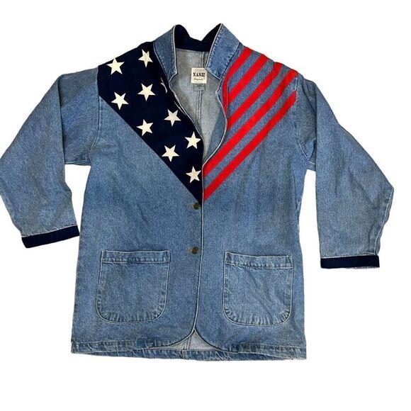 Nash Originals USA Flag Denim Jacket Size Small Blue Over Coat Half Button - Picture 2 of 9